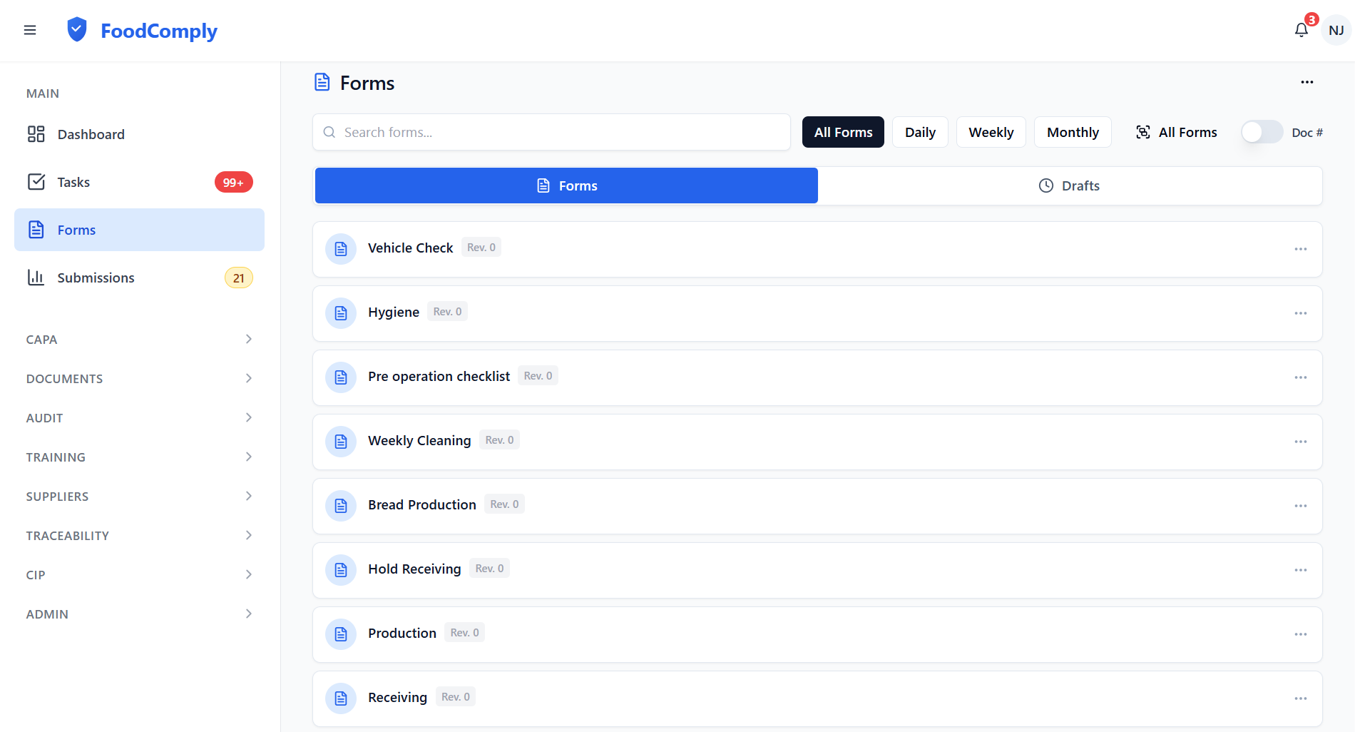 FoodComply Digital Compliance Dashboard showing employee forms, checklists, and task management
